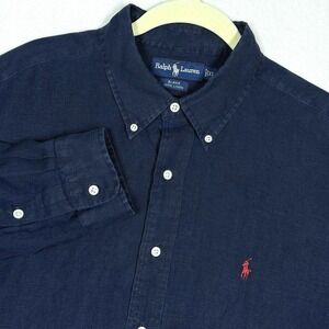 Vintage Ralph Lauren Linen Shirt Mens XL Blake Button Down Long Sleeve Navy Blue